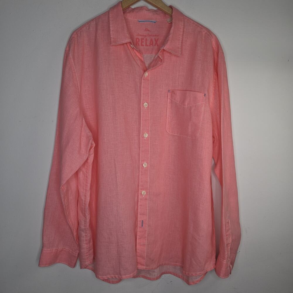 Tommy Bahama Shirt Mens XXL Pink Coral Linen Long Sleeve Button Up